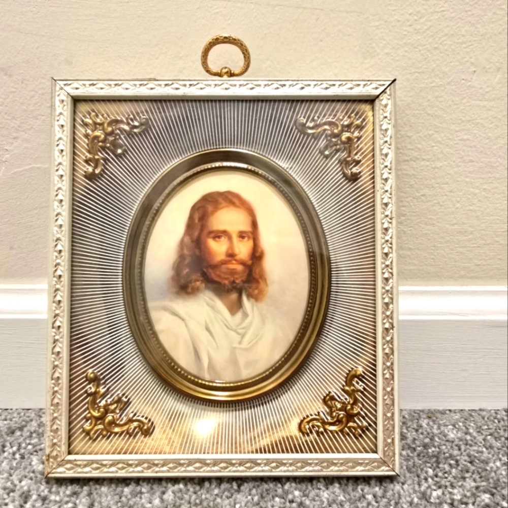 Vintage Head Of Christ Metal Shadowbox Frame Detailed Ornate 3D Stunning